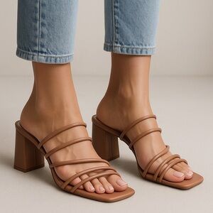 Nine West Nude Strappy Block Heel Sandals Size 11M | Square Toe | 3” Heel